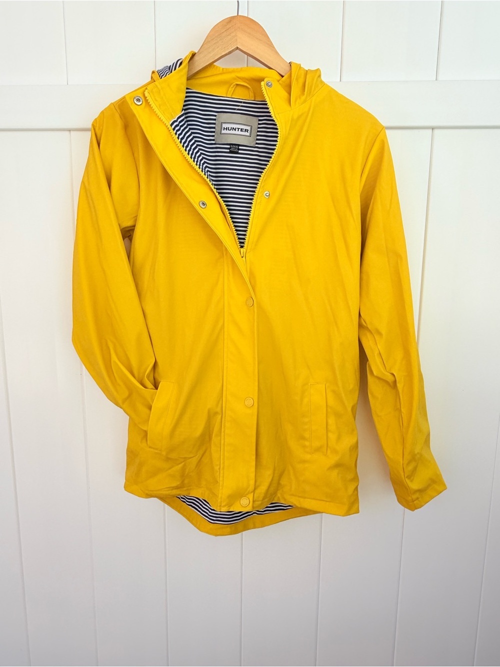 Kids Hunter Bright Yellow Hooded Raincoat with Striped Lining